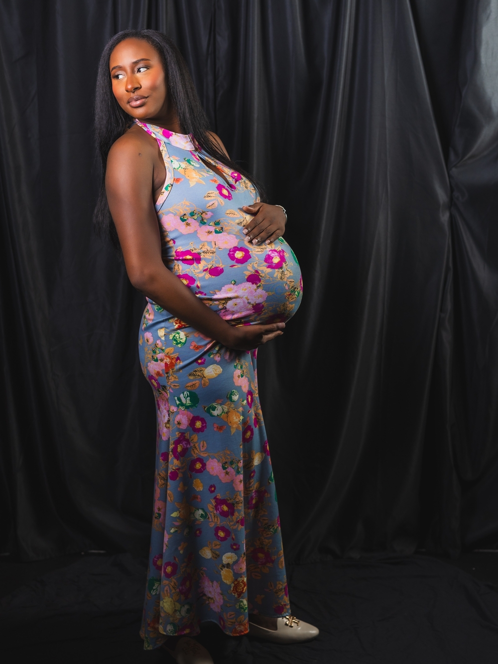 Backless Floral Maternity Maxi Dress - Blue